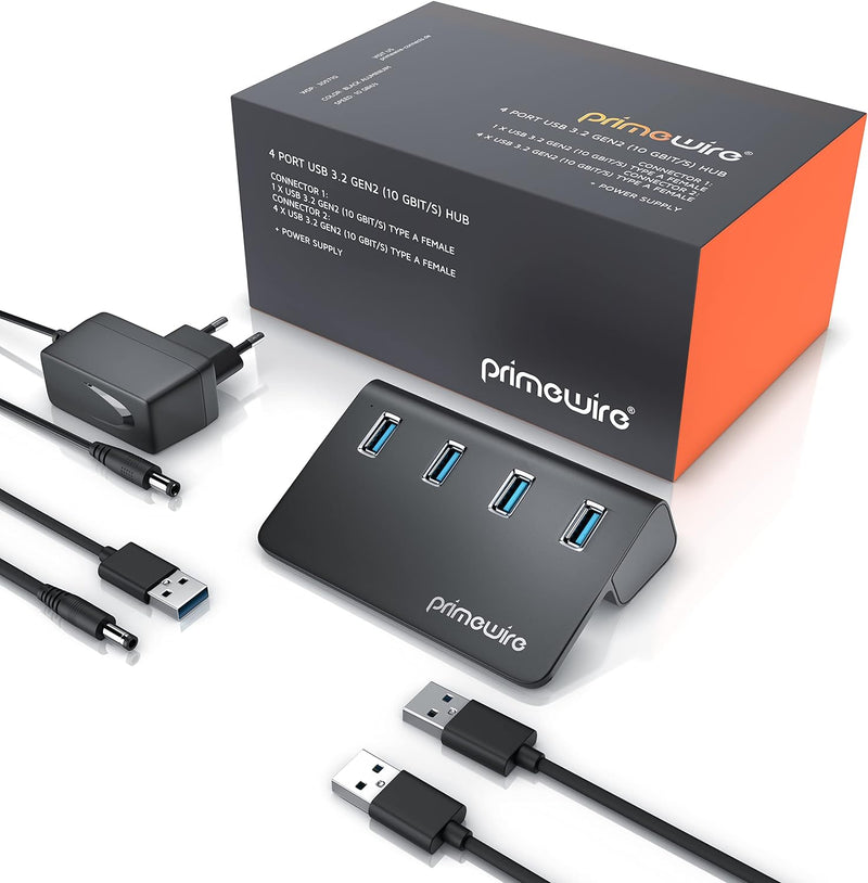 CSL - USB 3.2 Gen2 Hub - 4 Port Verteiler - 10 Gbit/s – mit Netzteil aktiv – Stromversorgungskabel –