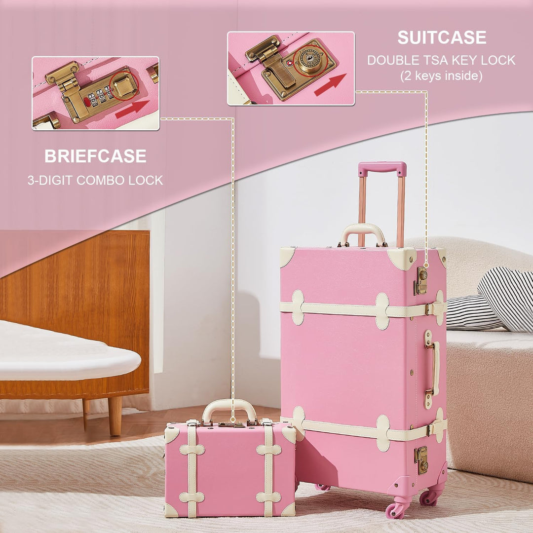 Unitravel Vintage Reisekoffer Set, 2 Teilig PU-Leder Gepäck mit Schminkkoffer, Hell Rosa, S+L Hell R