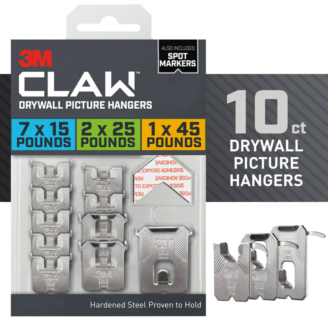 3M Claw Drywall Picture Hanger 15, 25, 45 lb. Variety Pack with Spot Markers / 10 Silber, 15, 25, 45