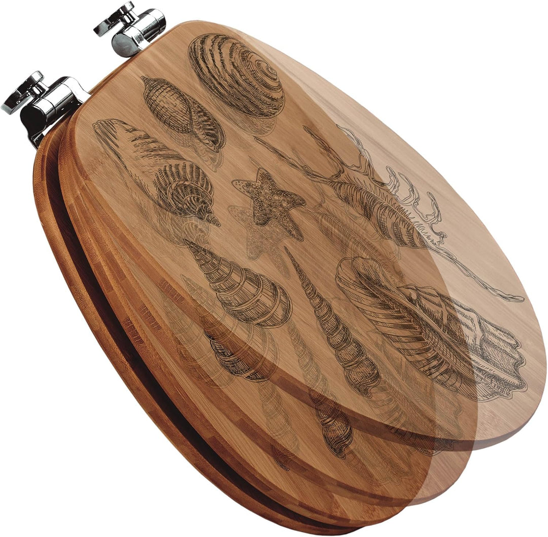 banjado® Hochwertig gravierter Design WC Sitz Bambus Absenkautomatik Muschel 5 / Toilettendeckel mit