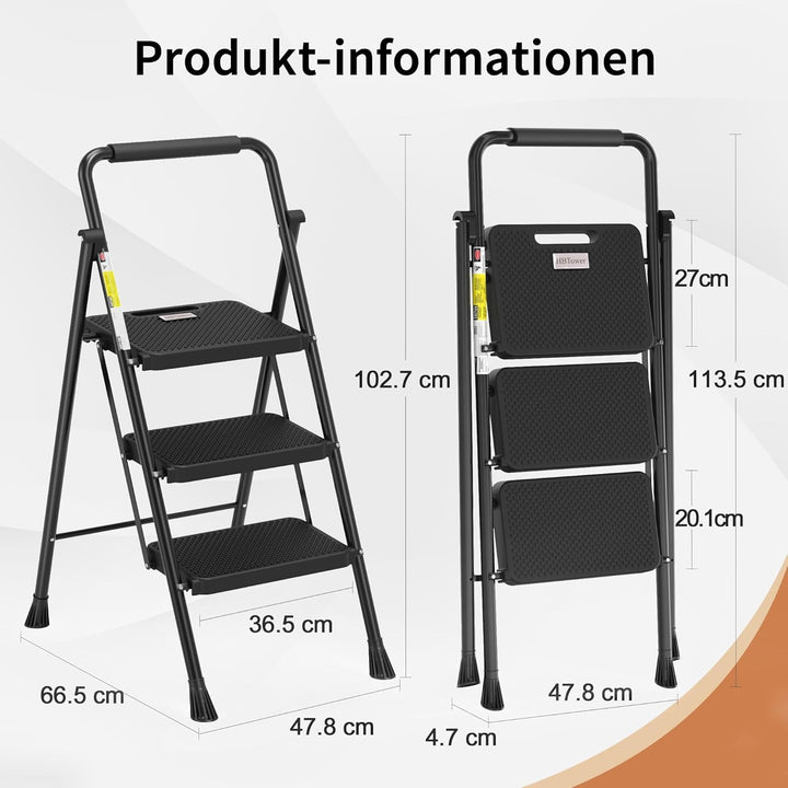 HBTower Trittleiter 3 Stufen klappbar, Leiter mit Breitem Anti-Rutsch-Pedal, Trittleiter mit Bequeme
