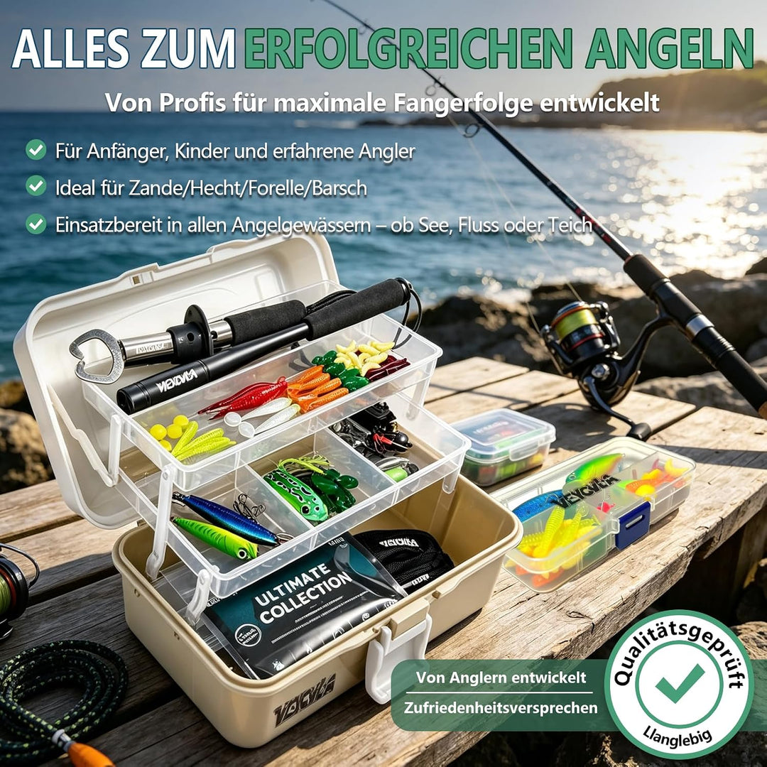 376 Stück Angelzubehör Set,Angeln Köder Set Angelkoffer mit Zubehör- Fischtöter Angelzange Hakenlöse