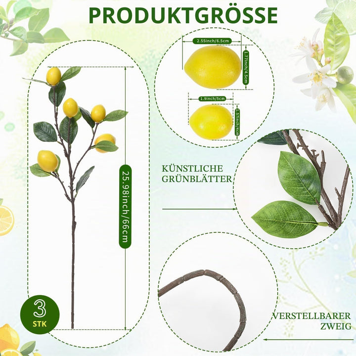 3PCS künstliche Zitronenzweige 5 Lebendige gelbe gefälschte Zitrone Gelbe gefälschte Zitronenzweige