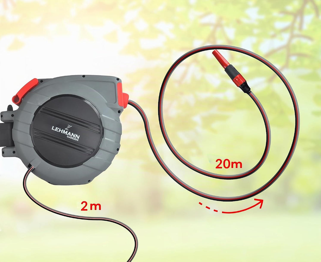 LEHMANN Wand-Schlauchbox 20 m + 2 m, Schlauchtrommel für Flexible Gartenbewässerung, Automatischer S