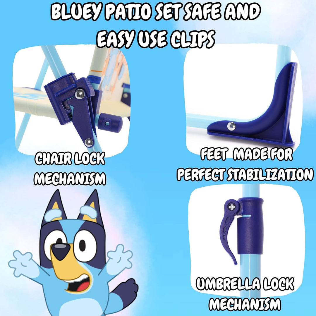 Toyland® Bluey & Bingo Terrassenset mit Tisch und Stühlen – 1 Tisch, 2 Stühle und 1 Sonnenschirm – K