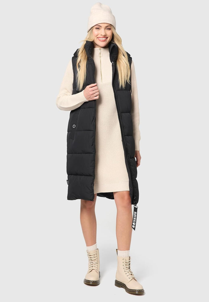 Navahoo Damen ärmellose lange Outdoorweste warme Winterjacke Schnuffelchen XS-3XL S Schwarz, S Schwa