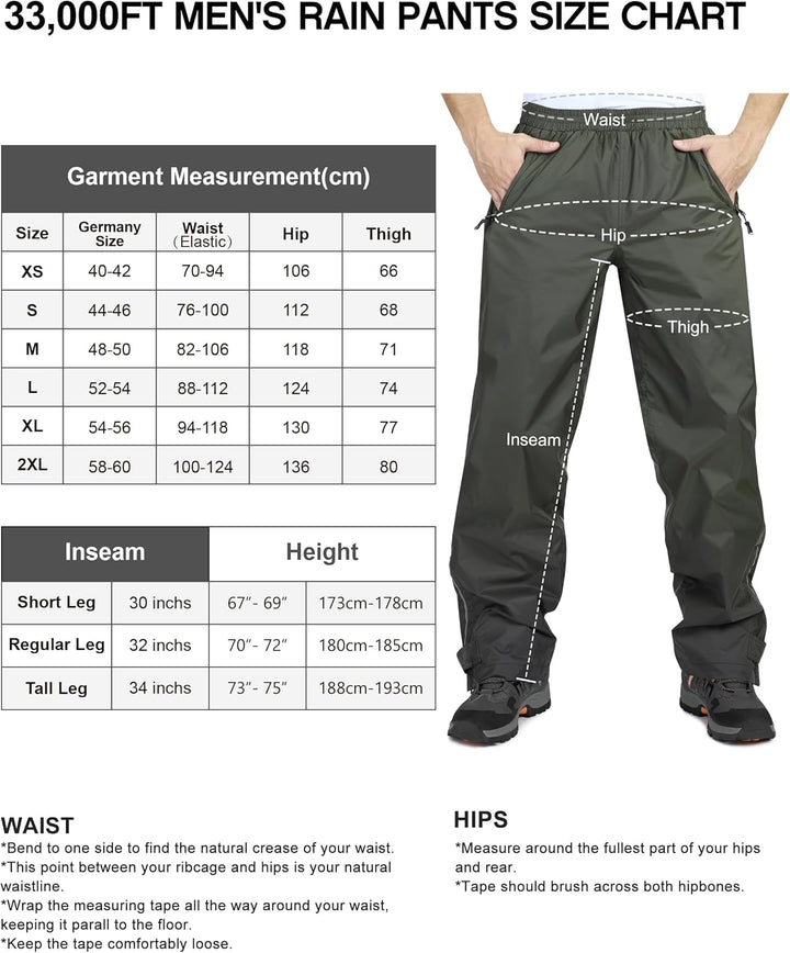 33,000ft wasserdichte Regenhose für Herren Leichte Regenhose Winddichte Outdoorhose zum Wandern Camp