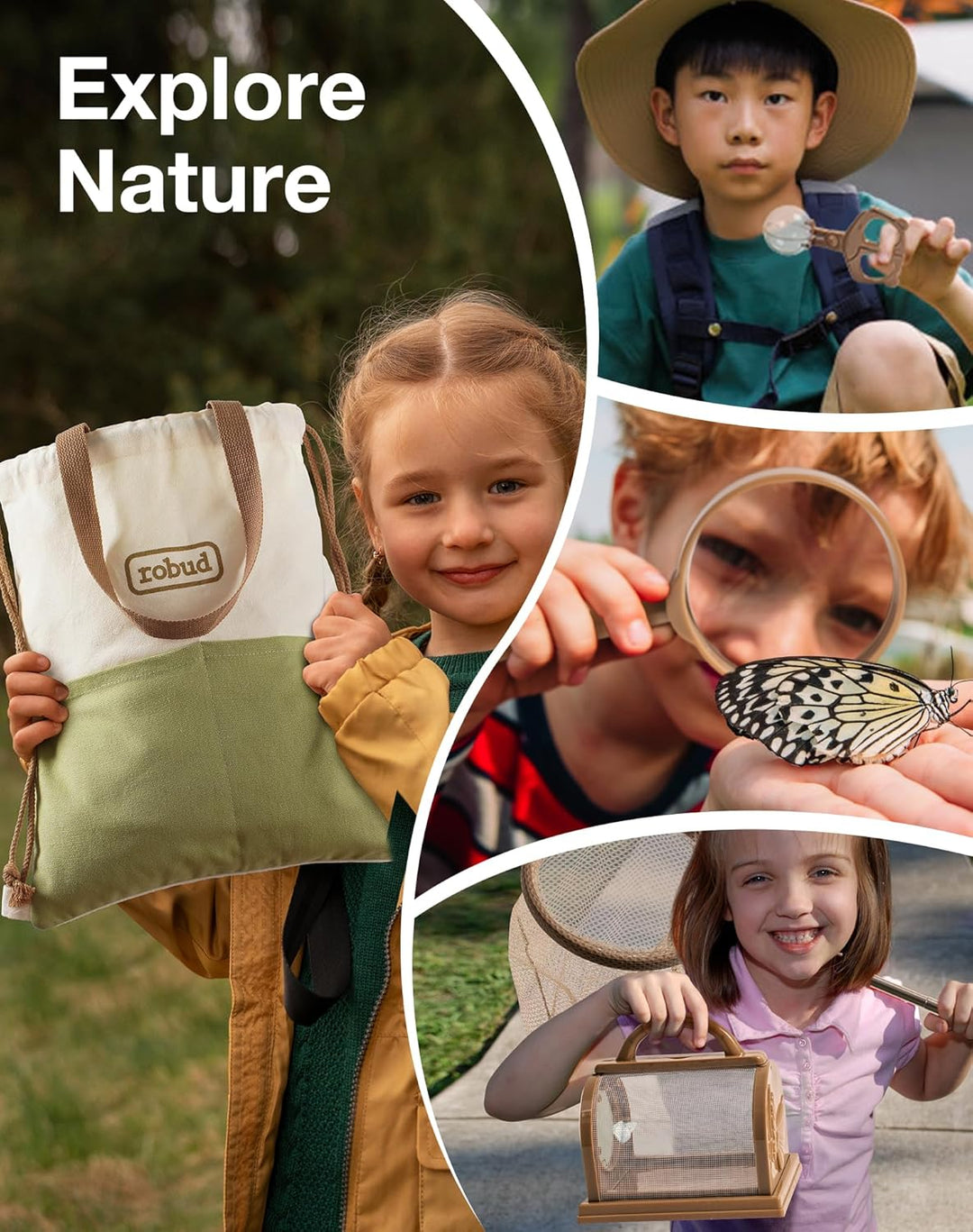ROBUD Forscherset für Kinder, Entdecker Set mit Insektenfänger, Lupe, Insektenbeobachter, Schmetterl