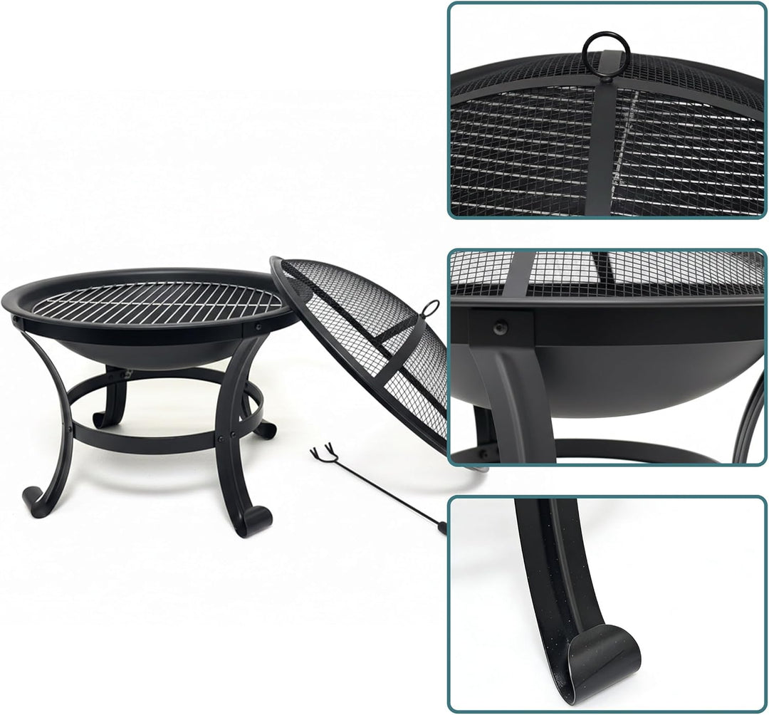 Relaxdays Feuerschale mit Grillrost, Funkenschutz, Schürhaken, Stahl, Ø 55 cm, schwarz Gartenfeuerst