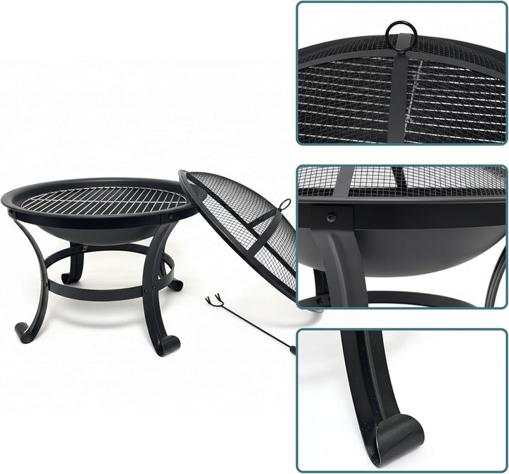 Relaxdays Feuerschale mit Grillrost, Funkenschutz, Schürhaken, Stahl, Ø 55 cm, schwarz Gartenfeuerst