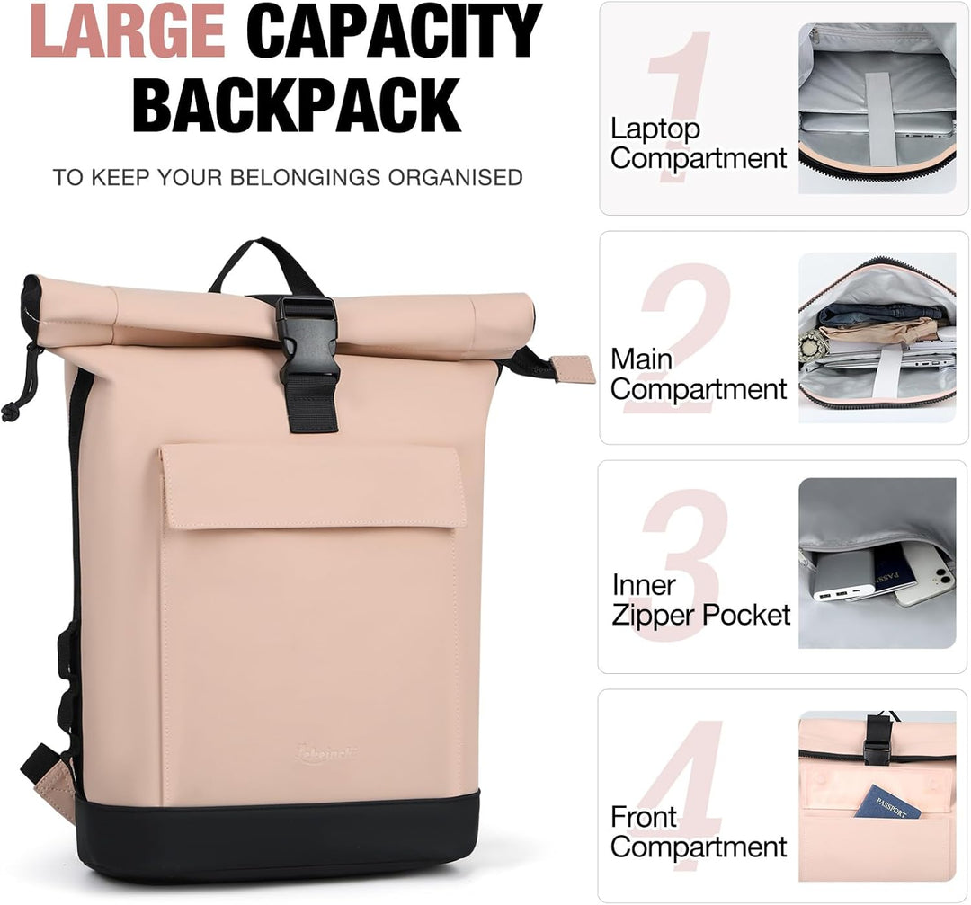 Rolltop Rucksack Damen & Herren, Elegant Laptop Rucksack Wasserdicht mit 17 Zoll Laptopfach, Grosser