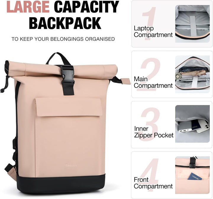 Rolltop Rucksack Damen & Herren, Elegant Laptop Rucksack Wasserdicht mit 17 Zoll Laptopfach, Grosser