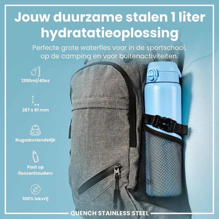 Ion8 1 Liter Edelstahl Trinkflasche, Auslaufsicher, Einhandöffnung, Sichere Verriegelung, Spülmaschi