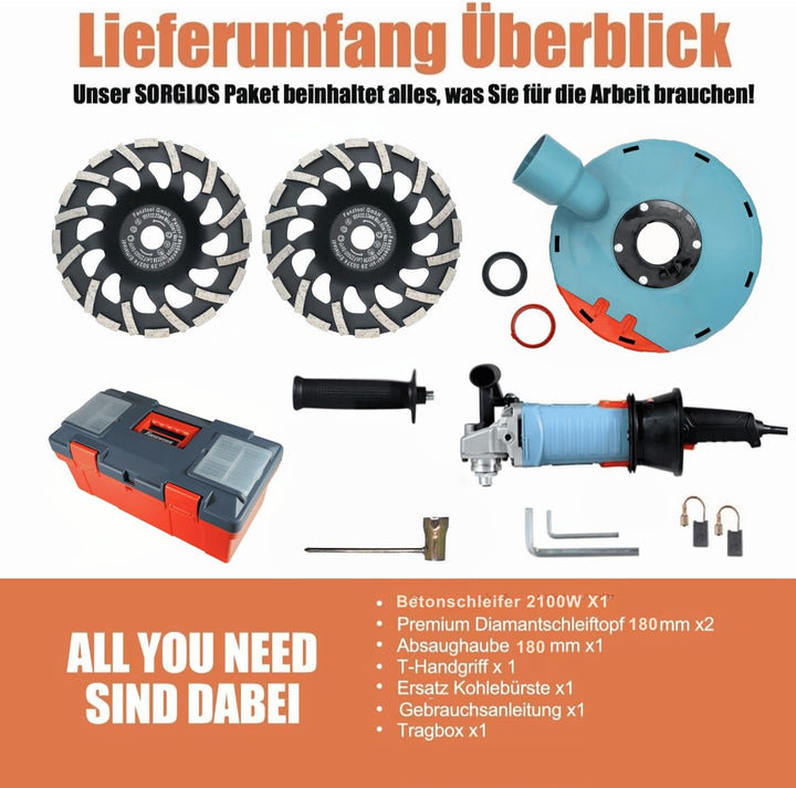 FANZWORK 2100W / 180mm Betonschleifer Betonfräse Set, inkl. Premium 180mm Diamantschleiftopf *2, Abs