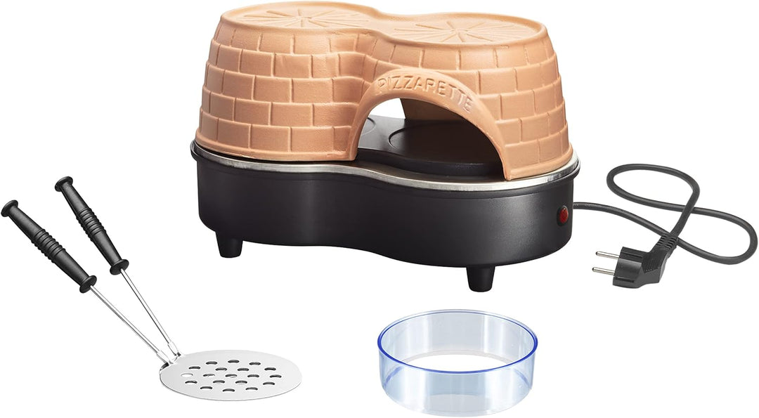 Emerio Pizzaofen, PIZZARETTE Duo das Original, handgemachte Terracotta Tonhaube, neues PRE-BAKE Desi