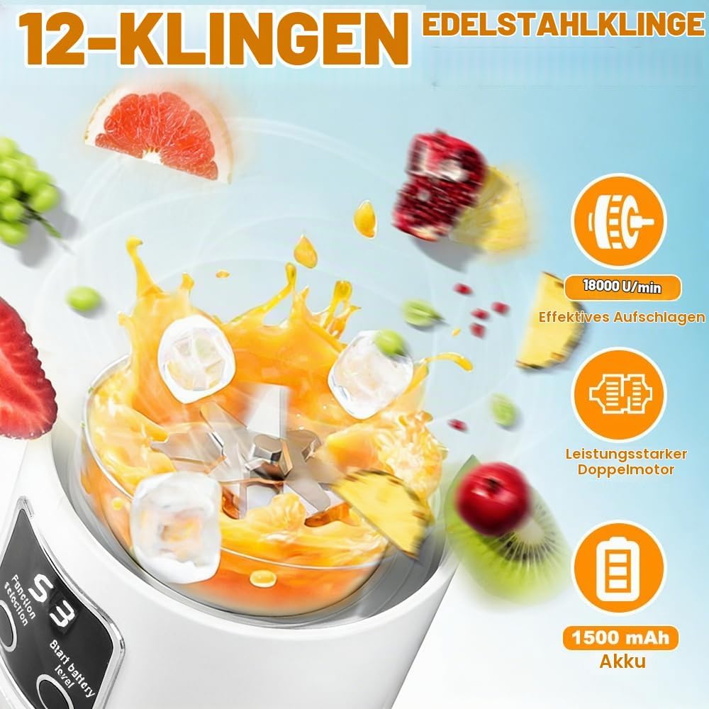 Tragbarer Mixer Smoothie Maker To Go, Pengrity 450 ML Portable Blender, mit LED Display, 12 Klingen,