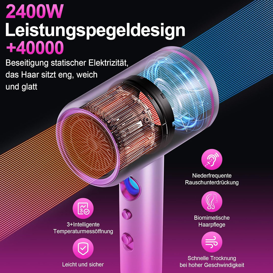 Tisoutec Föhn,Fön,Haartrockner Profi Ionen mit AC Motor 2400W Reisefön Diffusor|Haarfön 4-in-1|Heiss