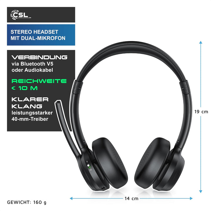 CSL - Office PC Headset Bluetooth mit 2 Mikrofone - Noise Cancelling Dual-Mic für ENC Geräuschfilter