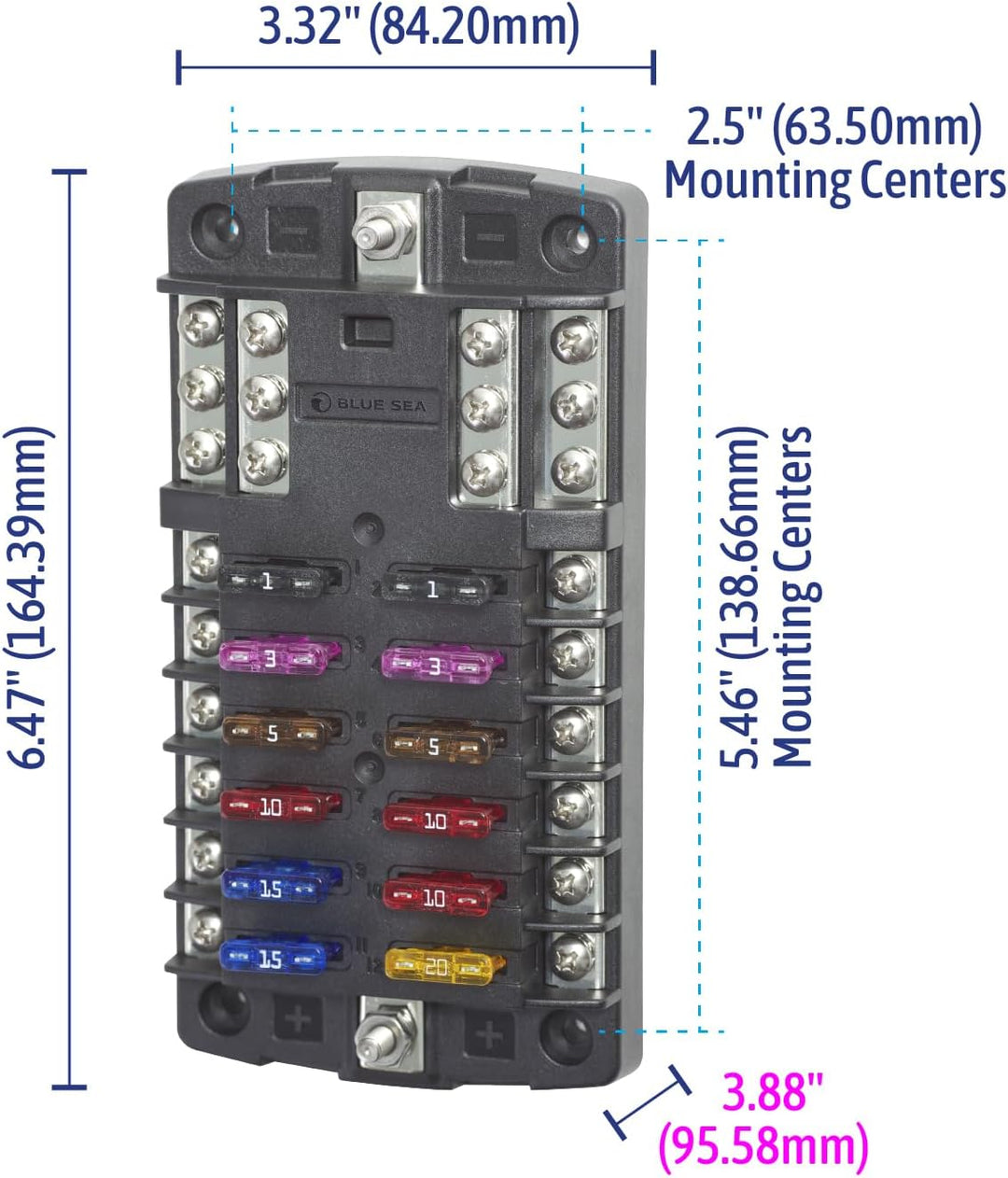 Blue Sea Systems ST Flachsicherungsblock 12 Schaltkreise ohne Abdeckung W/Neg, 12 Schaltkreise ohne