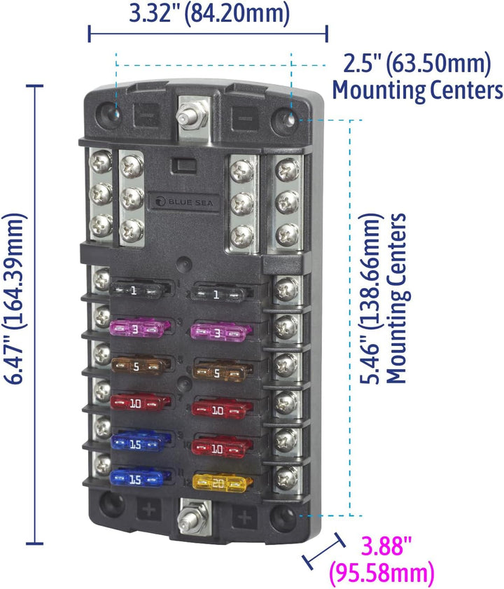 Blue Sea Systems ST Flachsicherungsblock 12 Schaltkreise ohne Abdeckung W/Neg, 12 Schaltkreise ohne