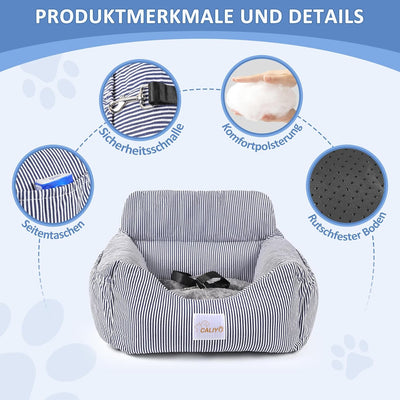 CALIYO Hunde Autositz, Sicherheitsgurt - Waschbarer Autositz Hund in Blau/Weiss für Kleine, Mittlere