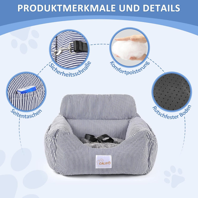CALIYO Hunde Autositz, Sicherheitsgurt - Waschbarer Autositz Hund in Blau/Weiss für Kleine, Mittlere