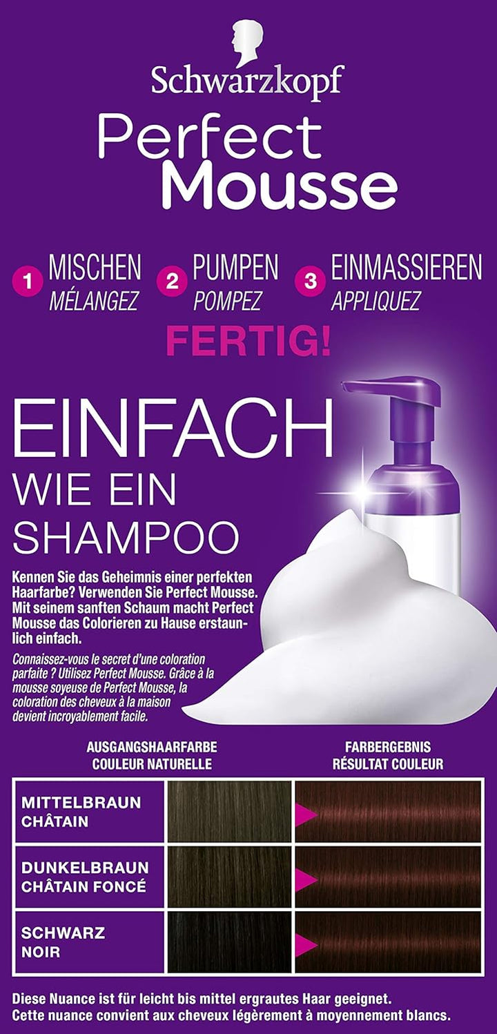 Schwarzkopf Perfect Mousse Permanente Schaumcoloration, 388 Dunkles Rotbraun Stufe 3, 3er Pack (3 x