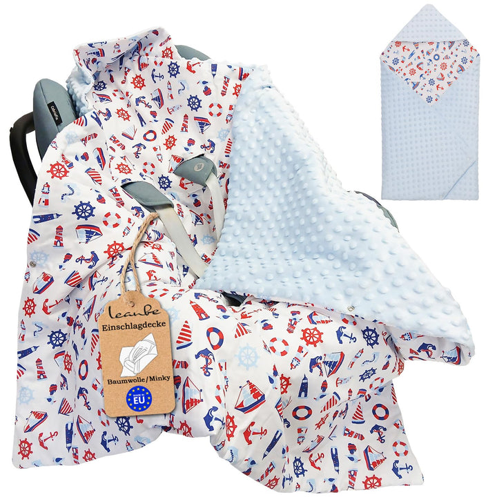 Baby Einschlagdecke Doppelseitig 86x86 cm Minky-Plüsch für Kinderwagen und Babybett (Blau Minky-Sege