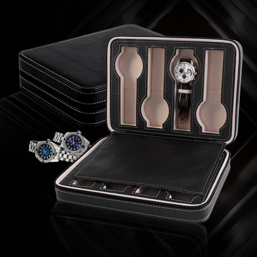 8 Grids Watch Display Storage Portable Watch Box Case Zippered Travel Collector Storage Organizer (B