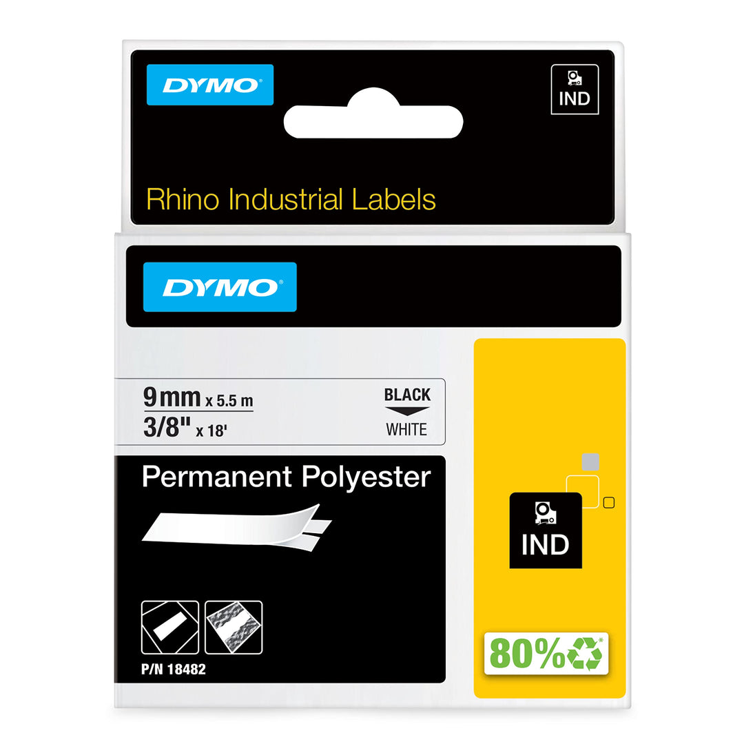 DYMO Rhino Industrie Permanente Polyesteretiketten | 9 mm x 5,5 m | Schwarz auf Weiss | selbstkleben
