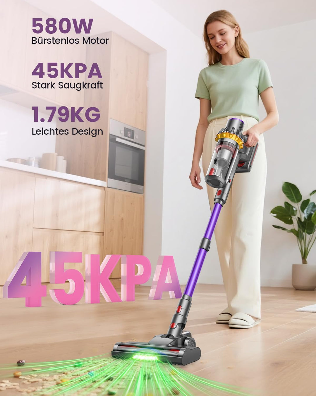 Akku Staubsauger 45000Pa/580W/70Mins, Ultraleichter Staubsauger Kabellos mit Anti-Tangle-Bodenbürste