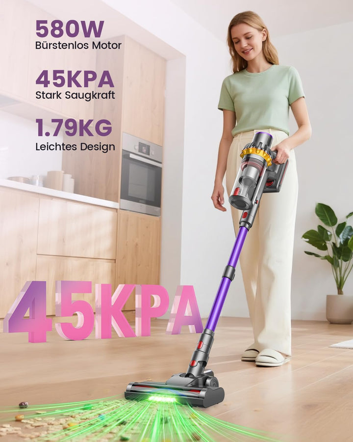 Akku Staubsauger 45000Pa/580W/70Mins, Ultraleichter Staubsauger Kabellos mit Anti-Tangle-Bodenbürste