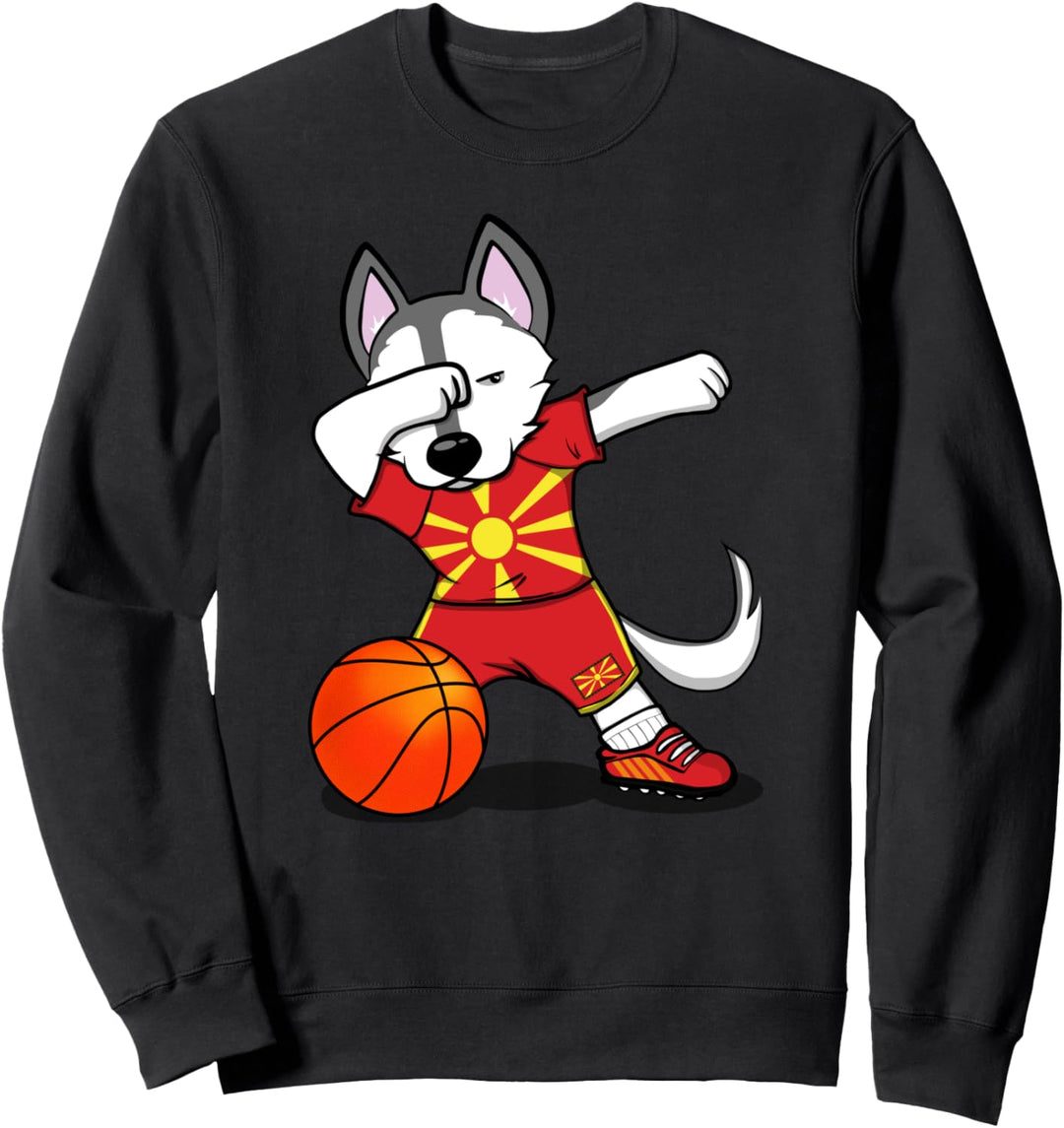 Dabbing Husky Hund Mazedonien Basketball Mannschaft Flagge Sweatshirt
