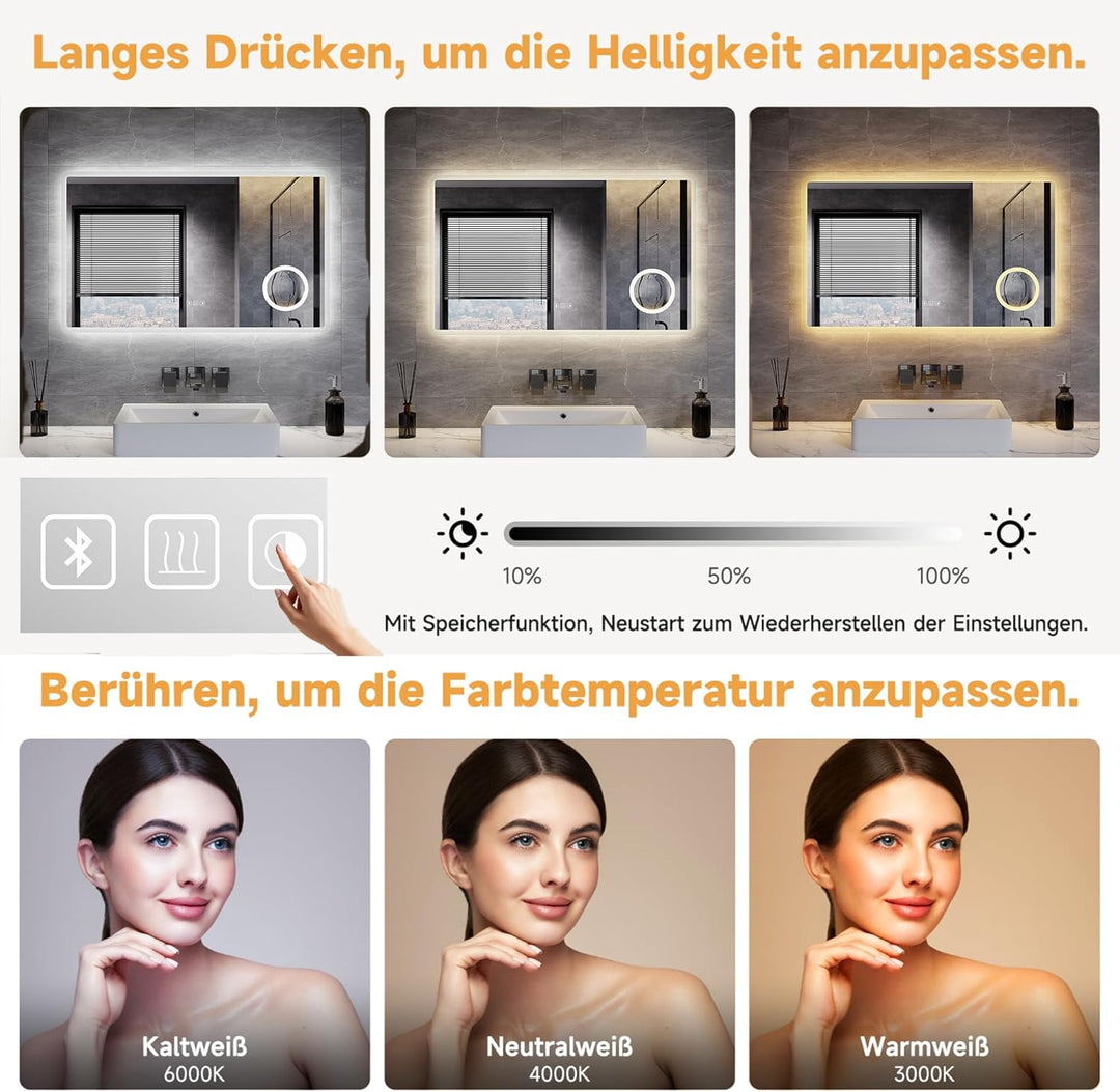 LED Badspiegel 80 x 60 cm Wandspiegel Bad mit Beleuchtung, 3 Farbe modi+Stufenlose Dimmung, Steckdos