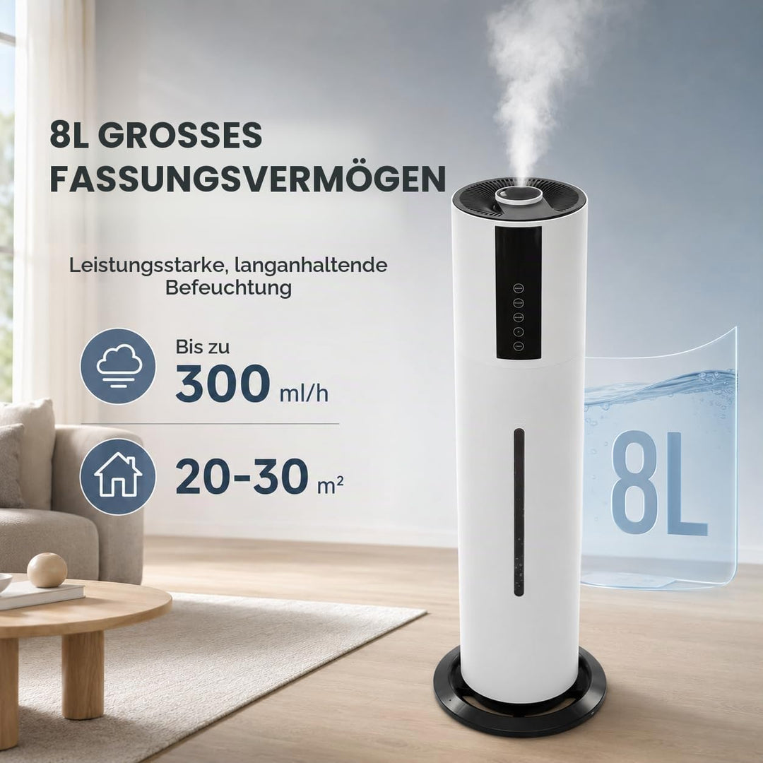 Luftbefeuchter 8L mit Fernbedienung, Raumluftbefeuchter mit 3 Nebelstufen, 360° verstellbar, 12h Tim