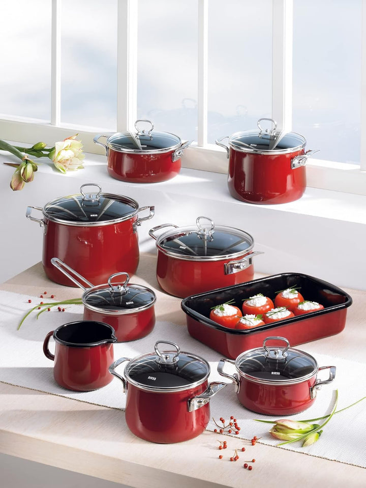 Riess, 0701-008, Fleischtopf mit Glasdeckel, NOUVELLE, ROSSO EXTRA STARK, Durchmessser 16 cm, Höhe 1