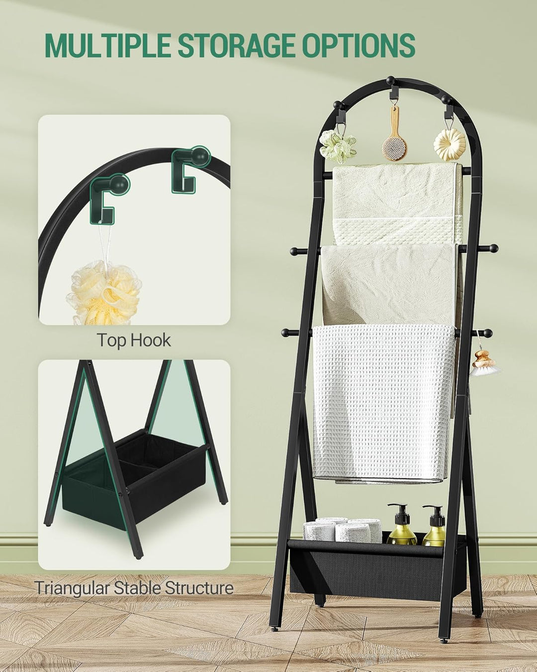 Hzuaneri Handtuchhalter, Handtuchständer mit Haken & Stoffkörben, reistehender Handtuchhalter Boden