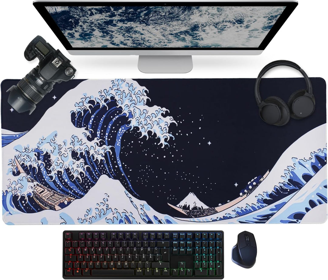Mousepad,XXL Japanische Kunst Ukiyo-e-Motiv Mauspad,Mount Fuji und Ozeanwellen Dekorative Tischunter