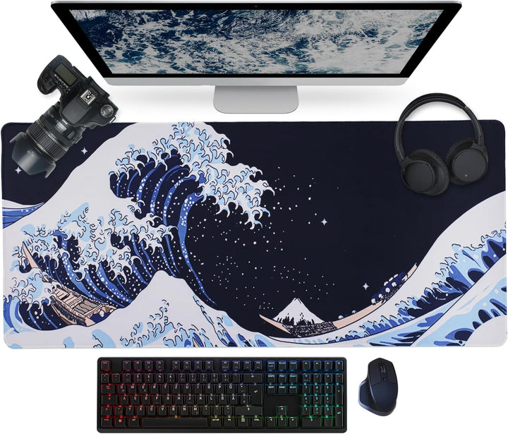 Mousepad,XXL Japanische Kunst Ukiyo-e-Motiv Mauspad,Mount Fuji und Ozeanwellen Dekorative Tischunter