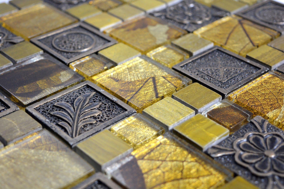 Mosaik Fliese gold Glasmosaik Crystal gold Ornament für WAND BAD KÜCHE FLIESENSPIEGEL THEKENVERKLEID