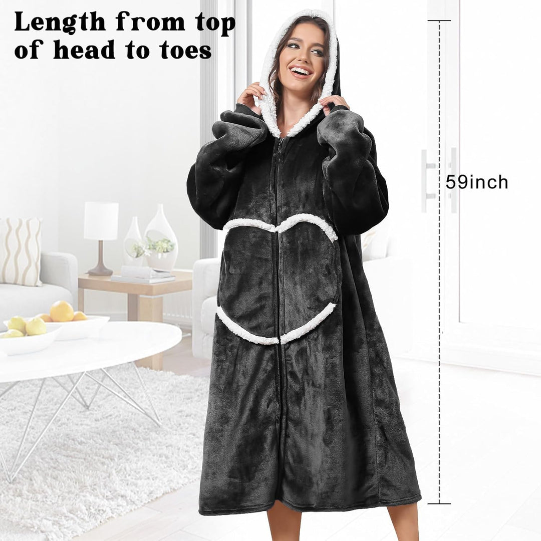 Decke mit Ärmeln und Kapuze, Kuscheldecke Hoodiedecken mit Reissverschluss und Taschen Schwarz, Schw