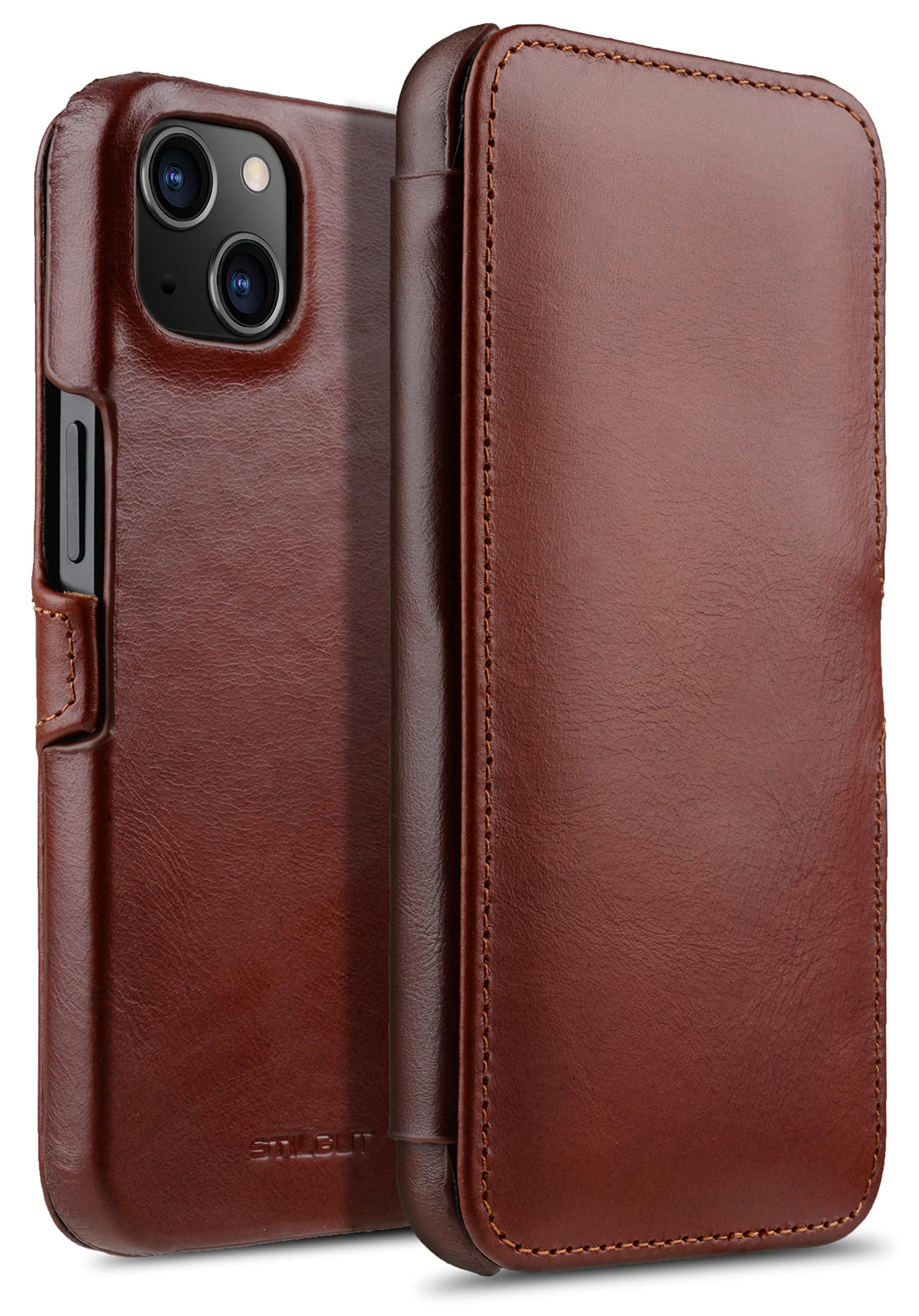 STILGUT Book Case kompatibel mit iPhone 13 Mini (5.4“) Hülle aus Leder mit Clip-Verschluss, Klapphül