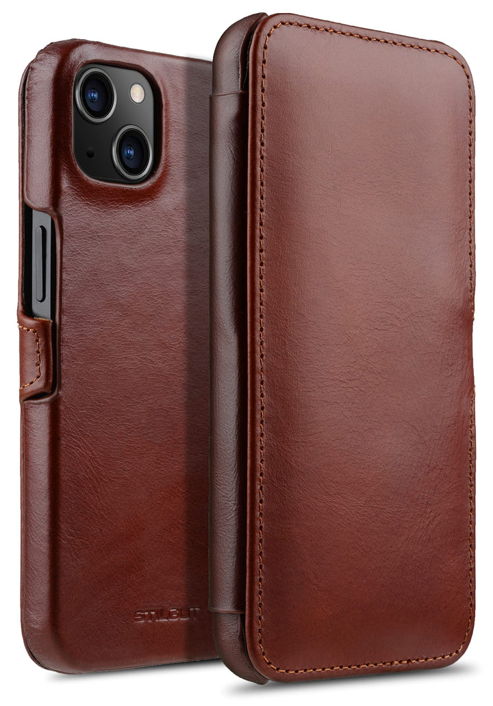 STILGUT Book Case kompatibel mit iPhone 13 Mini (5.4“) Hülle aus Leder mit Clip-Verschluss, Klapphül
