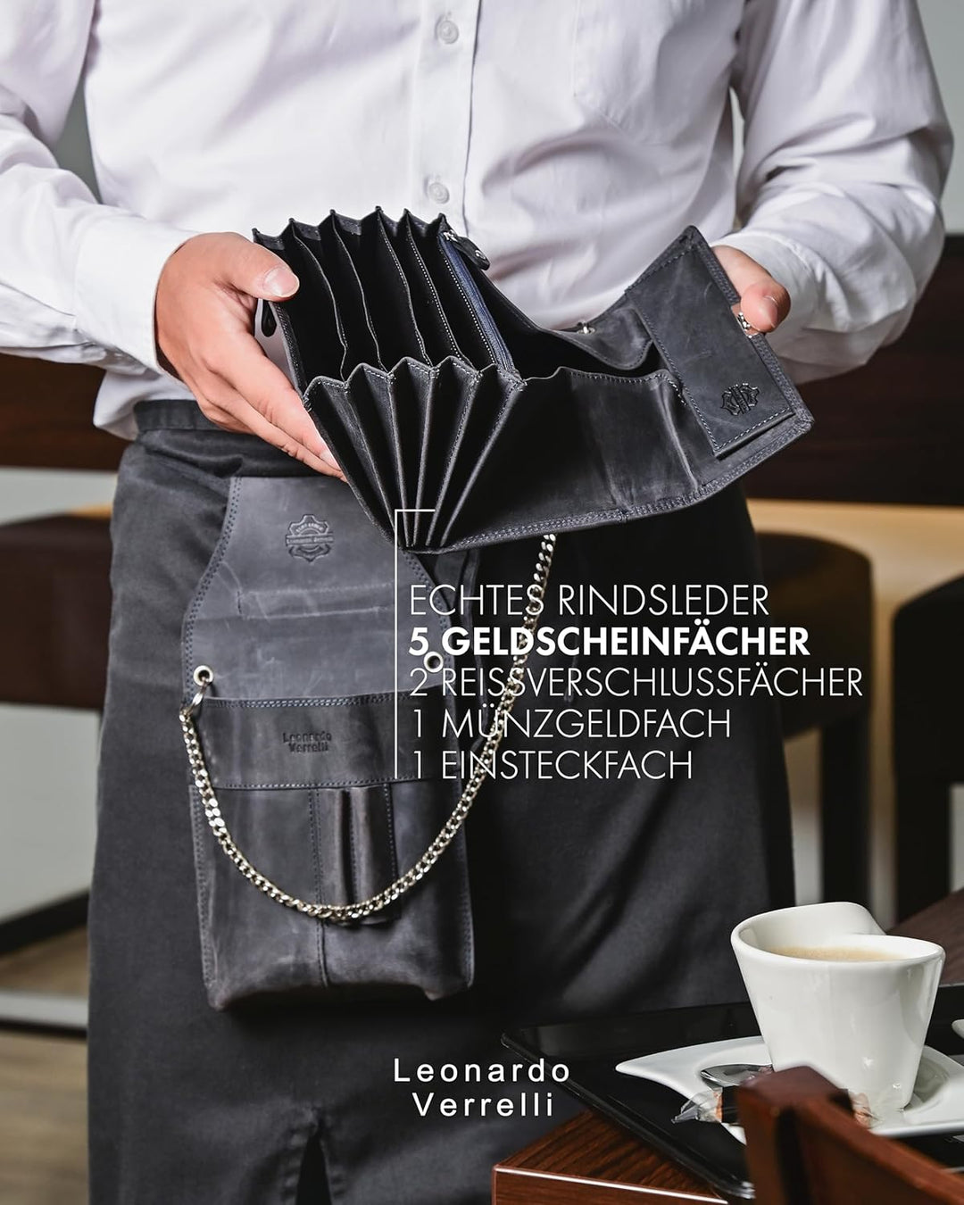 LEONARDO VERRELLI Kellner Geldbörse aus Leder, Kellnerbörse, Geldbeutel, Damen Herren Portemonnaie m
