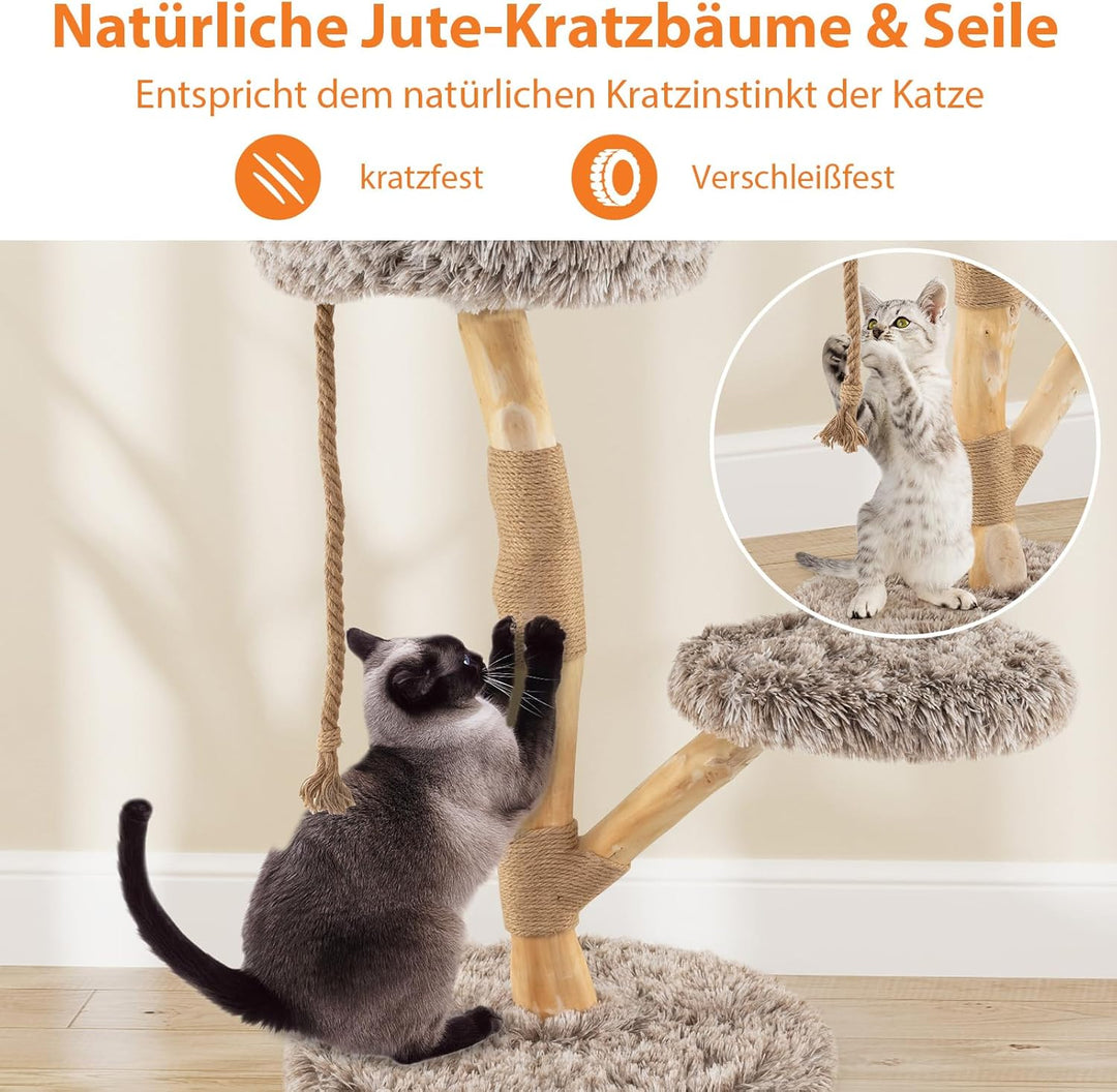 COSTWAY 90 cm Kratzbaum Holz, Katzenbaum mit 3 Plüschsitzflächen, Seil & Kratzpfosten aus Jute, Katz
