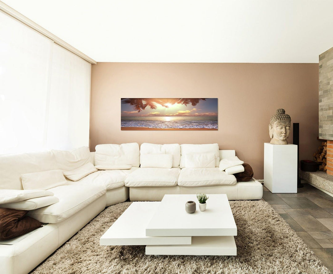 Panoramabild auf Leinwand und Keilrahmen 150x50cm Tropen Strand Meer Palme Abendsonne
