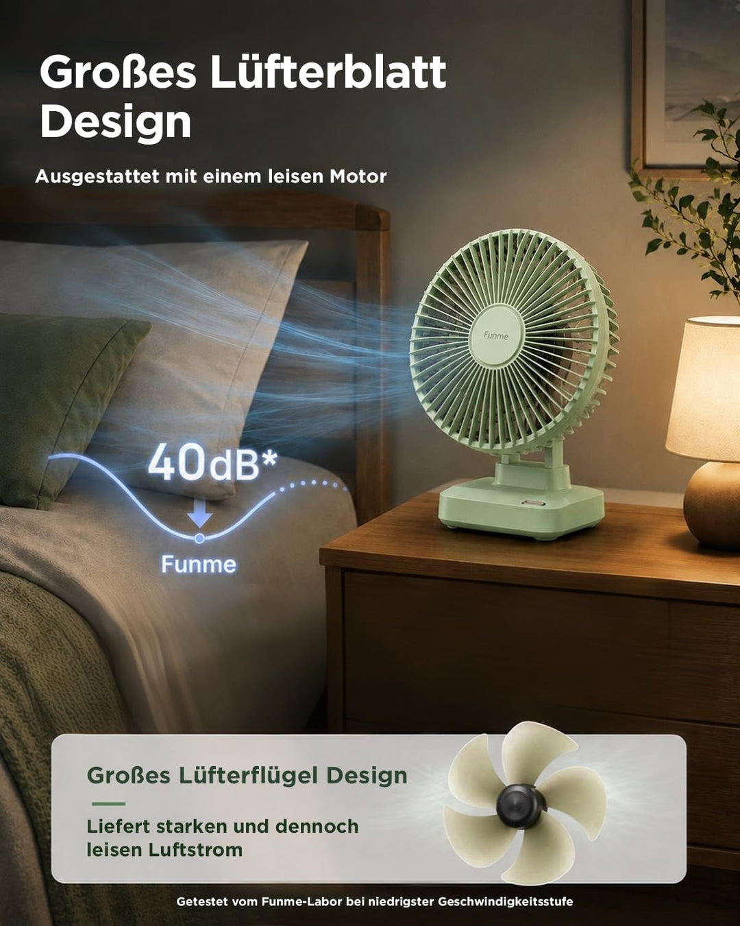 Funme Tischventilator 10000mAh Akku 29H, 90° Neigbar 3-Stufen Desktop Ventilator Leiser, Ventilator