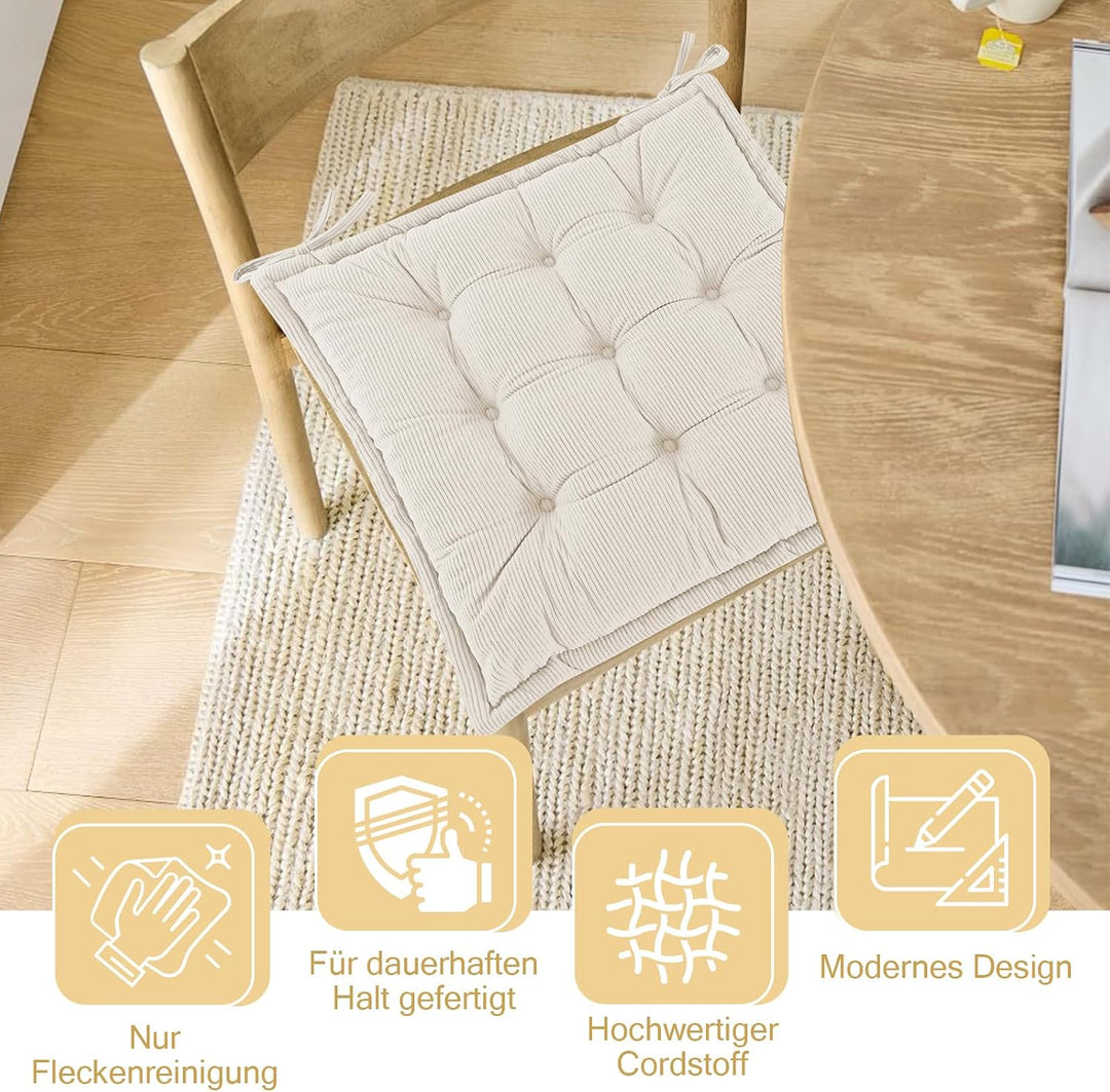 Indoor Sitzkissen Stuhl 2er Set – Komfortable Cordstoff-Sitzmatte Stuhlkissen mit Bändern, Hochwerti