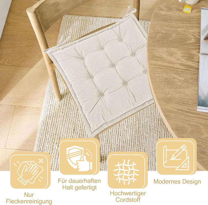 Indoor Sitzkissen Stuhl 2er Set – Komfortable Cordstoff-Sitzmatte Stuhlkissen mit Bändern, Hochwerti