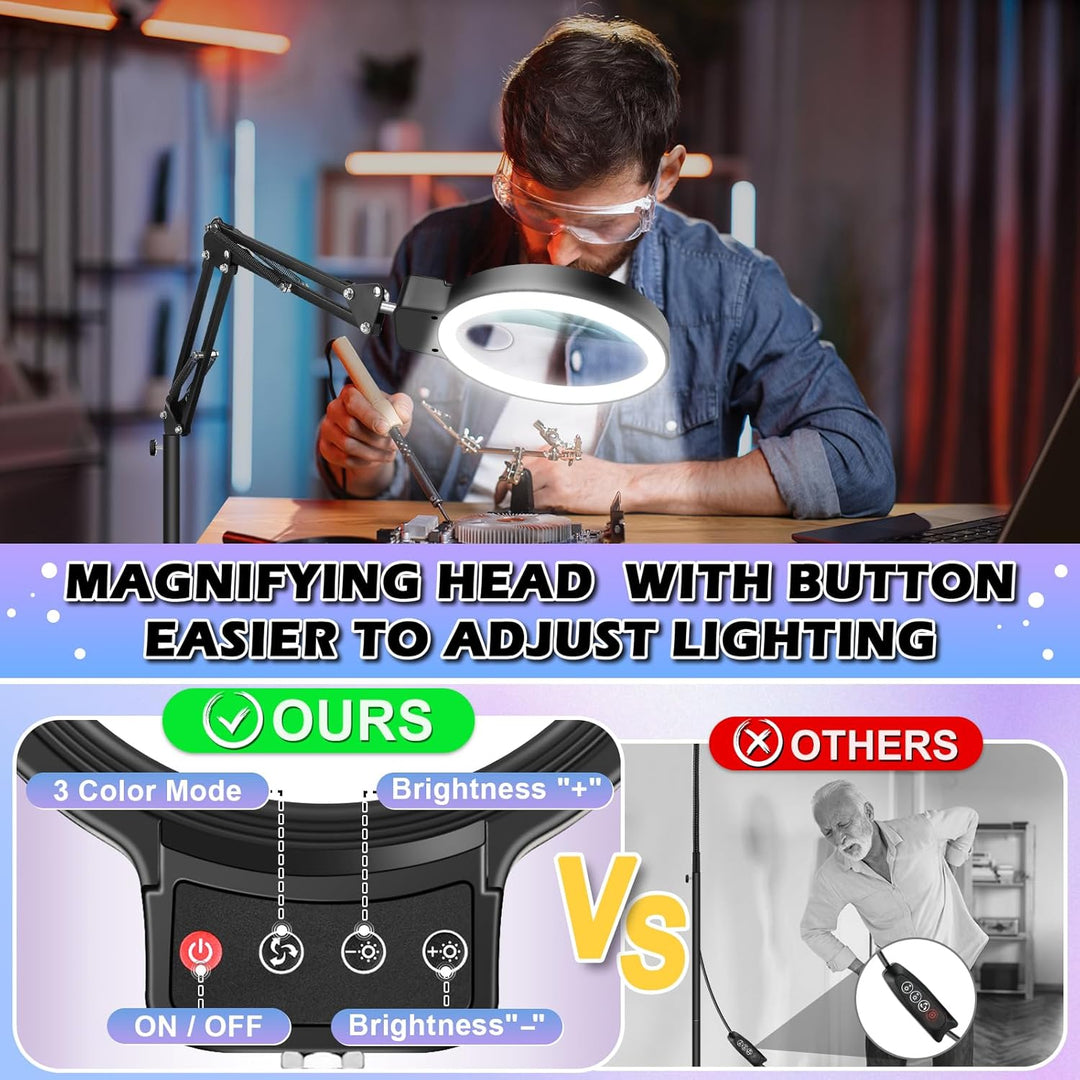 NZQXJXZ 10X Lupe mit Licht und Ständer, 2-in-1 Lupenlampe mit 72 Einstellbaren Helligkeits-LEDs, 3 F